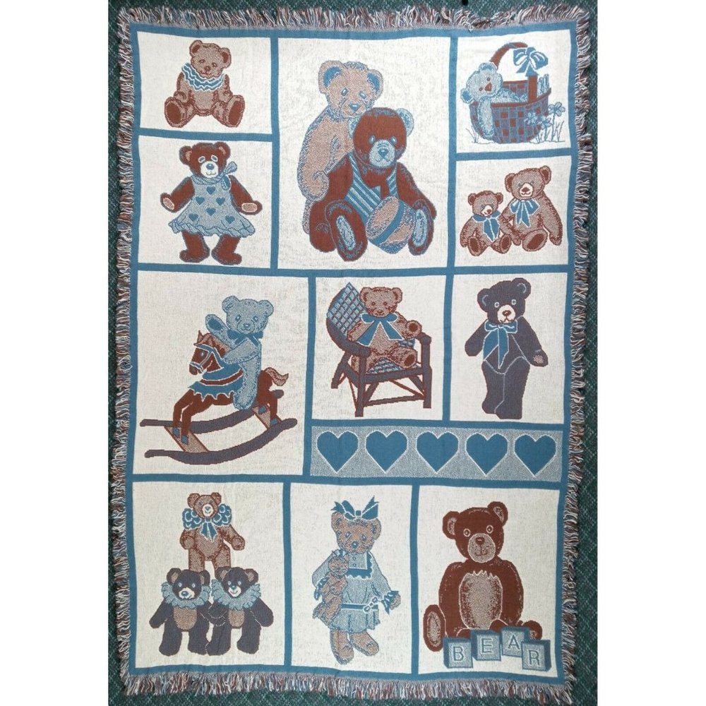 Tapestry Throw Blanket Vintage Teddy Bears Hearts MWW 1992 48" x 71" Fringe Blue